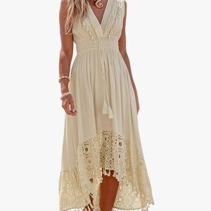 Lace Tassel Trimmed Boho High Low Bohemian Fairy Whimsy Coquette Crochet Dress